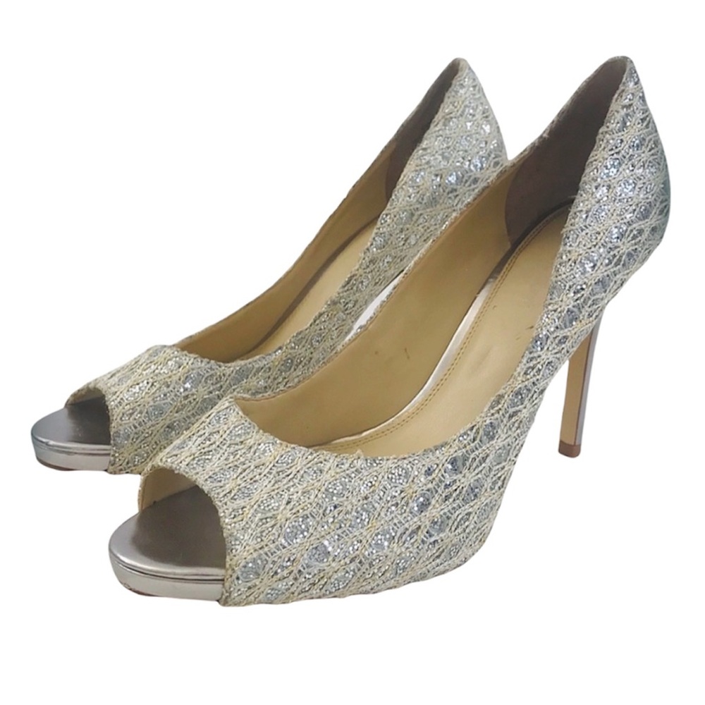Enzo Angiolini Silver Glitter Special Occasion Peep Toe Stiletto Heels 8M